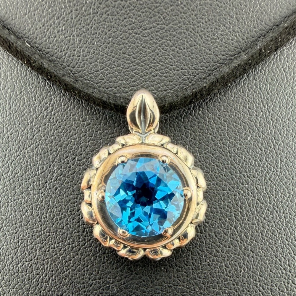 Ann King Blue Topaz Pendant 925 Sterling Silver Ornate Round Blue Gem